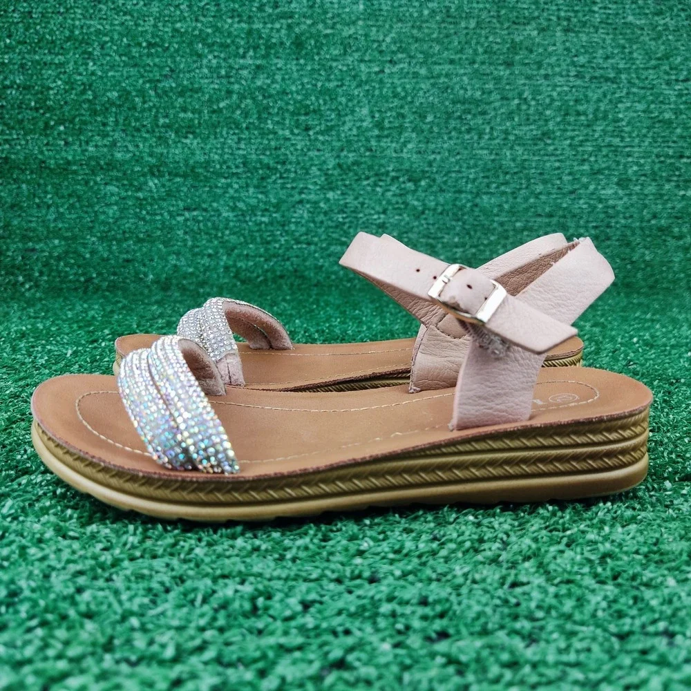 Link Sandals Girls 12 Pink Rhinestone Comfort Ankle Strap Platform Sparkle